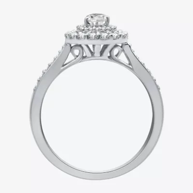 I Said Yes (H-I / I1) Womens 3/4 CT. T.W. Lab Grown White Diamond Sterling Silver or 14K Gold Over Pear Side Stone Halo Engagement Ring