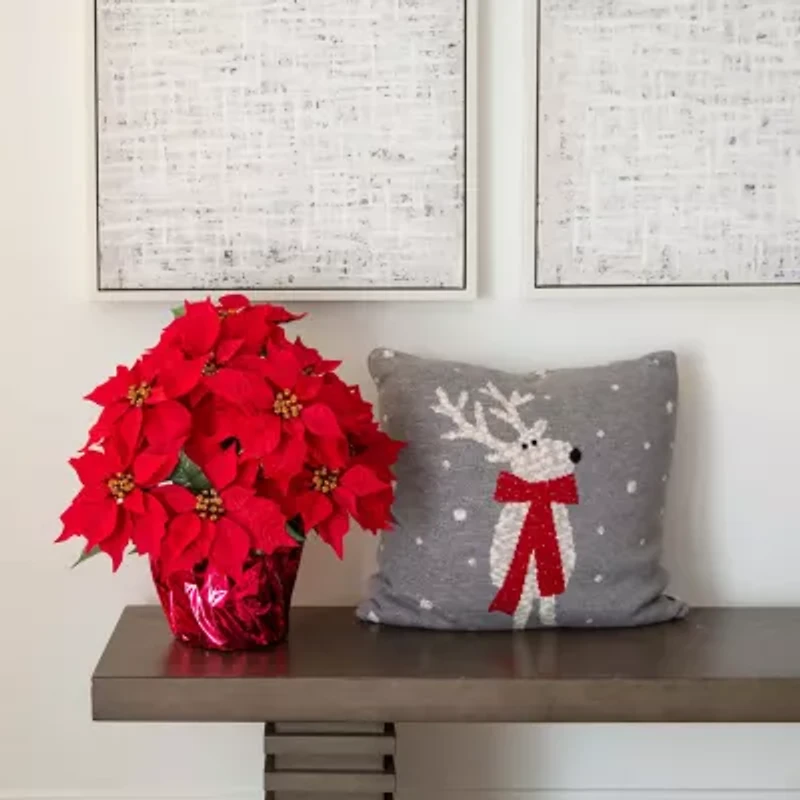 Nearly Natural 19in Artificial Lush Poinsettia In Red Wrapped Planter Artificial Flowers