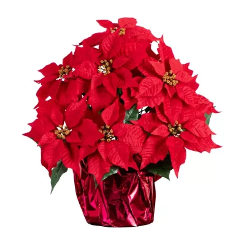 Nearly Natural 19in Artificial Lush Poinsettia In Red Wrapped Planter Artificial Flowers