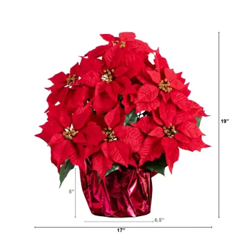 Nearly Natural 19in Artificial Lush Poinsettia In Red Wrapped Planter Artificial Flowers