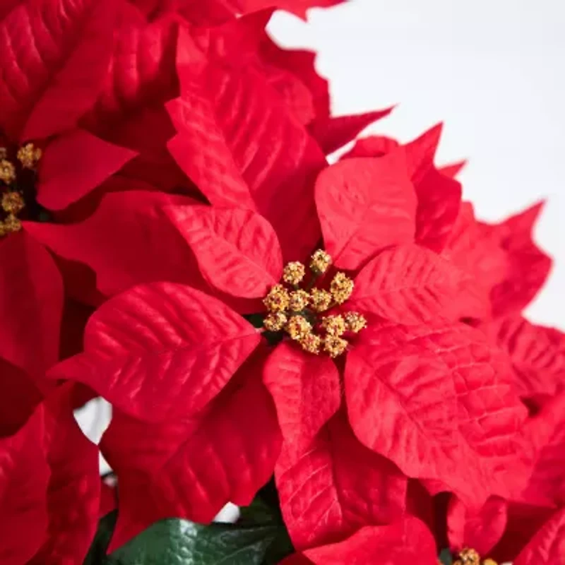 Nearly Natural 19in Artificial Lush Poinsettia In Red Wrapped Planter Artificial Flowers