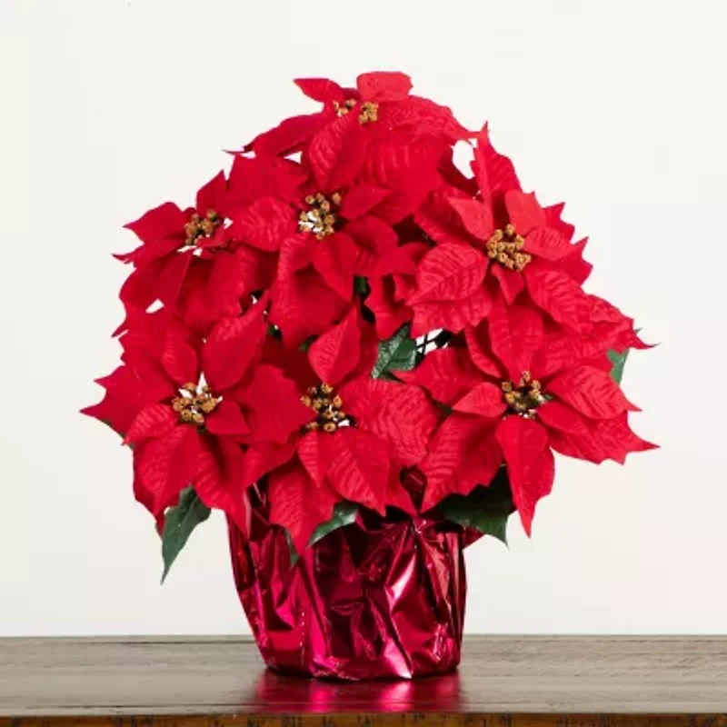 Nearly Natural 19in Artificial Lush Poinsettia In Red Wrapped Planter Artificial Flowers