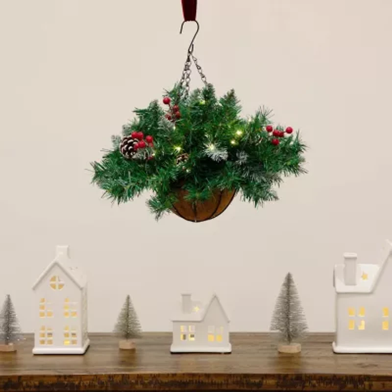 Nearly Natural 16in Pre-Lit Artificial Pine And Berry Hanging Basket With White Led Lights Artificial Plant