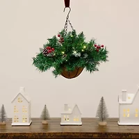 Nearly Natural 16in Pre-Lit Artificial Pine And Berry Hanging Basket With White Led Lights Artificial Plant