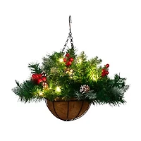 Nearly Natural 16in Pre-Lit Artificial Pine And Berry Hanging Basket With White Led Lights Artificial Plant
