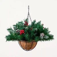 Nearly Natural 16in Pre-Lit Artificial Pine And Berry Hanging Basket With White Led Lights Artificial Plant
