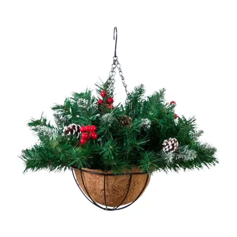 Nearly Natural 16in Pre-Lit Artificial Pine And Berry Hanging Basket With White Led Lights Artificial Plant