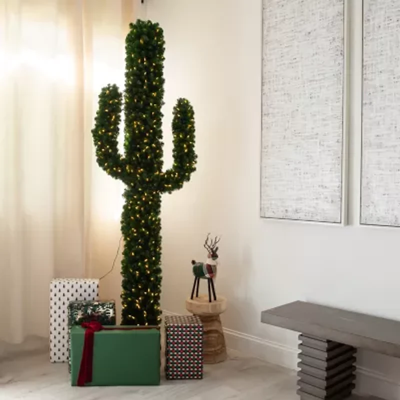 Nearly Natural Pre-Lit Artificial Cactus 500 Micro Led Lights 7 Foot Pre-Lit Fir Christmas Tree