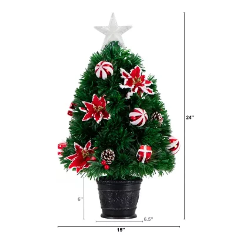 Nearly Natural Pre-Lit Fiber Optic Ornaments Poinsettia And Star Topper 2 Foot Pre-Lit Potted Fir Christmas Tree