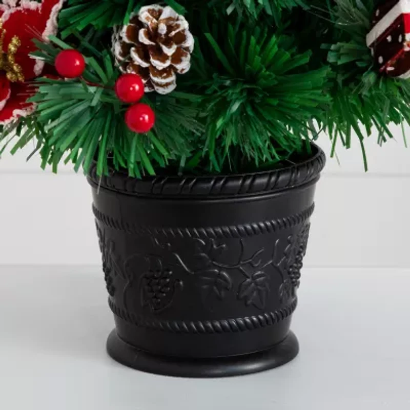 Nearly Natural Pre-Lit Fiber Optic Ornaments Poinsettia And Star Topper 2 Foot Pre-Lit Potted Fir Christmas Tree