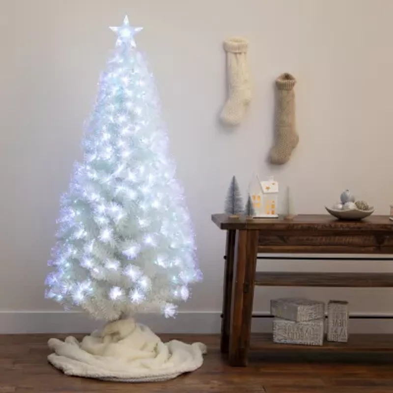 Nearly Natural Pre-Lit Fiber Optic Artificial White With Star Tree Topper 6 Foot Pre-Lit Fir Christmas Tree