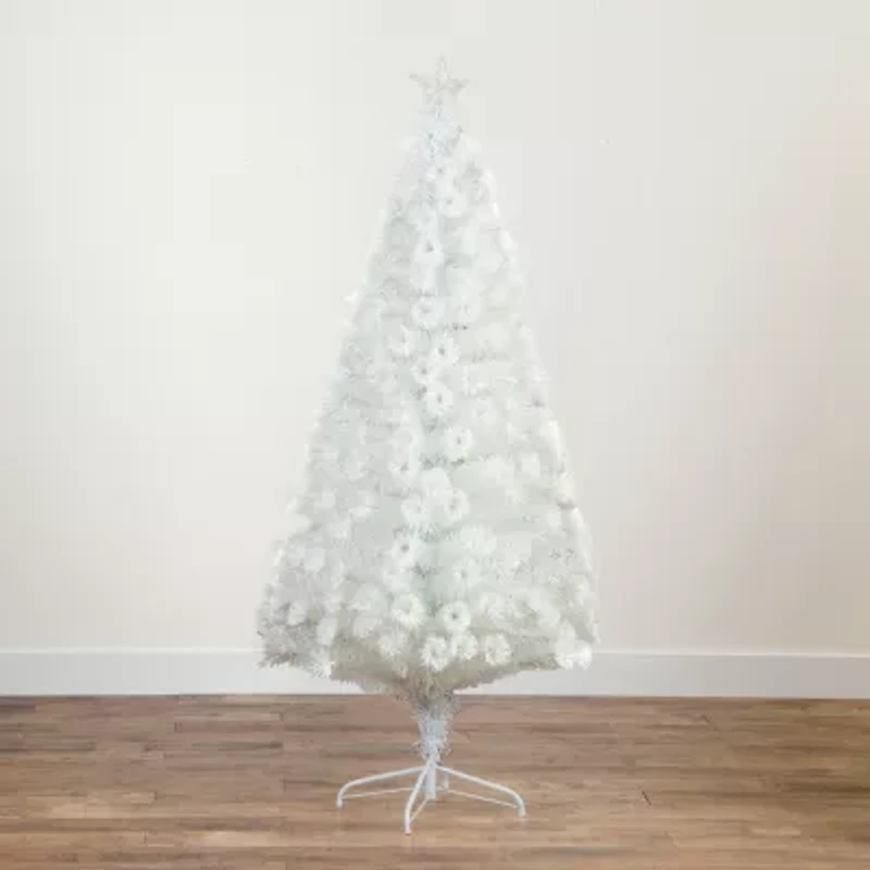 Nearly Natural Pre-Lit Fiber Optic Artificial White With Star Tree Topper 6 Foot Pre-Lit Fir Christmas Tree