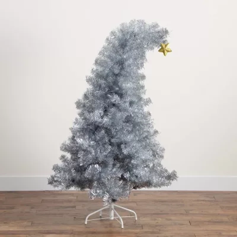 Nearly Natural Artificial Silver Tinsel Holiday Santa'S Hat With Star Topper 5 Foot Fir Christmas Tree