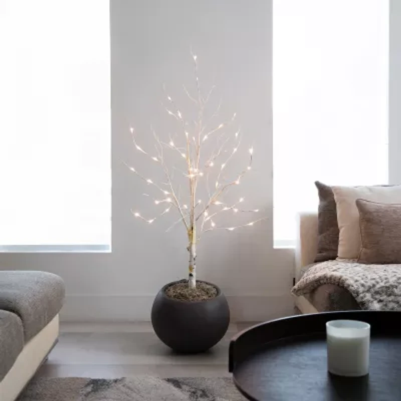 Nearly Natural Pre-Lit Artificial White Birch With White Led Lights Foot Pre-Lit Birch Christmas Tree
