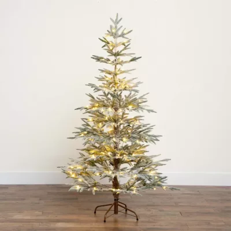 Nearly Natural Pre-Lit Artificial Flocked Woodland Fir  With 150 Warm White Led Lights 6 Foot Pre-Lit Flocked Fir Christmas Tree