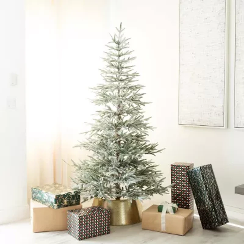Nearly Natural Pre-Lit Artificial Flocked Woodland Fir  With 200 Warm White Led Lights 7 Foot Pre-Lit Flocked Fir Christmas Tree