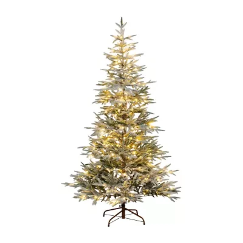 Nearly Natural Pre-Lit Artificial Flocked Woodland Fir  With 200 Warm White Led Lights 7 Foot Pre-Lit Flocked Fir Christmas Tree