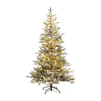 Nearly Natural Pre-Lit Artificial Flocked Woodland Fir  With 200 Warm White Led Lights 7 Foot Pre-Lit Flocked Fir Christmas Tree