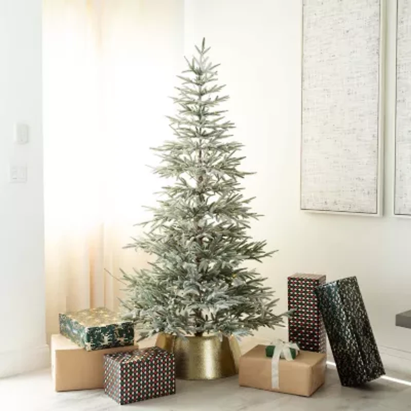 Nearly Natural Pre-Lit Artificial Flocked Woodland Fir  With 200 Warm White Led Lights 7 Foot Pre-Lit Flocked Fir Christmas Tree