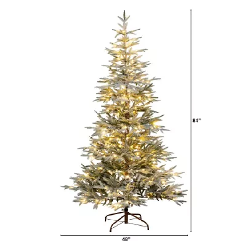 Nearly Natural Pre-Lit Artificial Flocked Woodland Fir  With 200 Warm White Led Lights 7 Foot Pre-Lit Flocked Fir Christmas Tree
