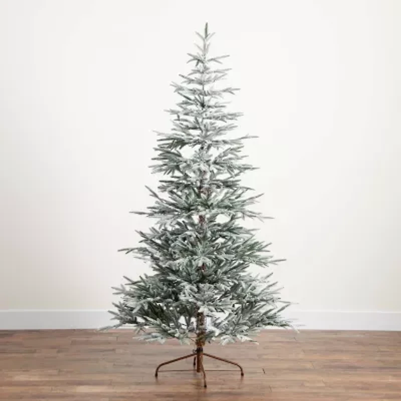 Nearly Natural Pre-Lit Artificial Flocked Woodland Fir  With 200 Warm White Led Lights 7 Foot Pre-Lit Flocked Fir Christmas Tree