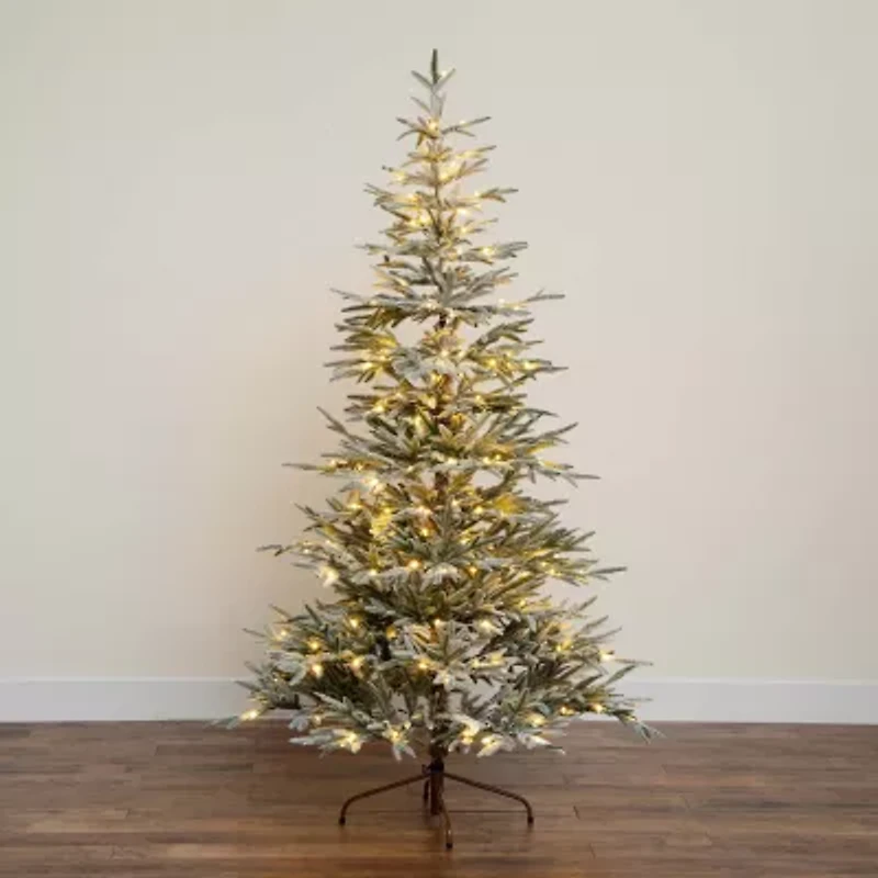 Nearly Natural Pre-Lit Artificial Flocked Woodland Fir  With 200 Warm White Led Lights 7 Foot Pre-Lit Flocked Fir Christmas Tree