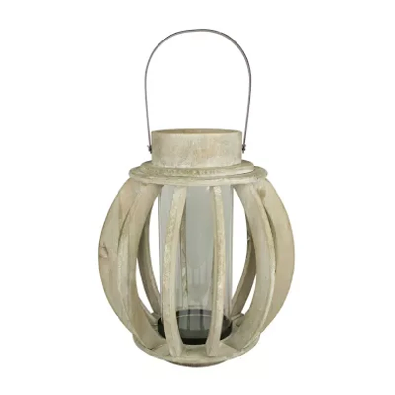 14.75'' Seaside Treasures Rustic Chic Drift Wood Sphere and Glass Hurricane Pillar Candle Lantern