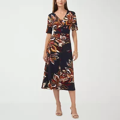 MSK Womens Short Sleeve Floral Midi Fit + Flare Dress