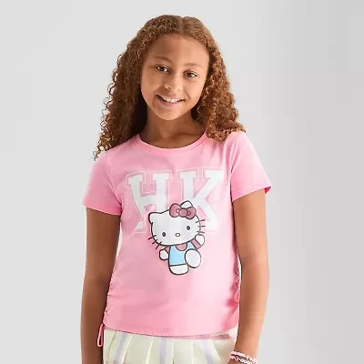 Side Cinch Little & Big Kid Girls Crew Neck Short Sleeve Regular Fit Hello Kitty Graphic T-Shirt