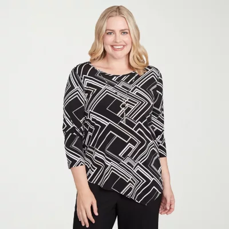 Alfred Dunner Business As Usual Womens Crew Neck 3/4 Sleeve T-Shirt