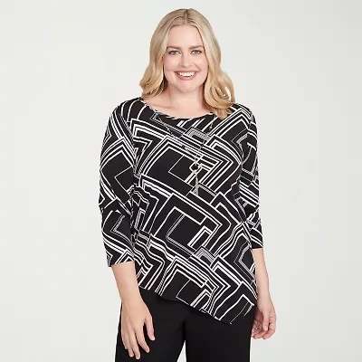 Alfred Dunner Business As Usual Womens Crew Neck 3/4 Sleeve T-Shirt