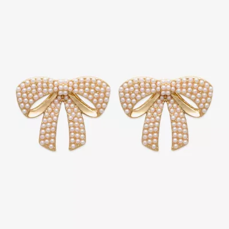 Bijoux Bar Gold Tone Womens White Simulated Pearl Bow Drop Earrings