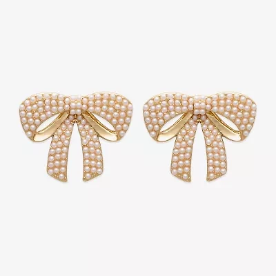 Bijoux Bar Gold Tone Womens White Simulated Pearl Bow Drop Earrings