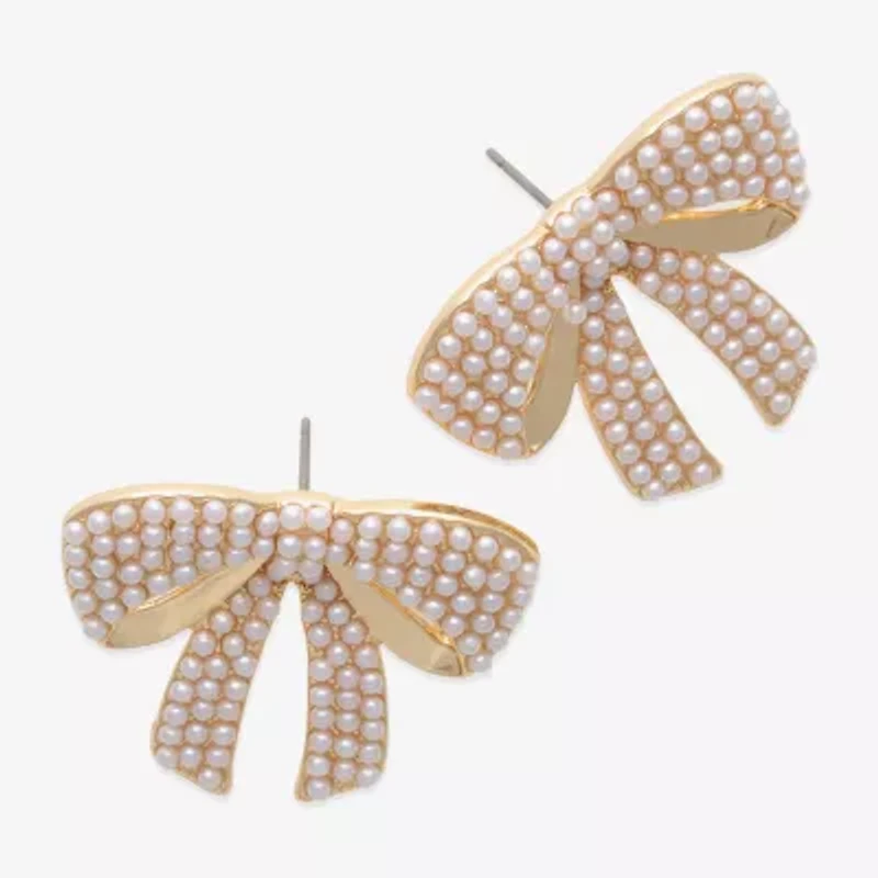 Bijoux Bar Gold Tone Womens White Simulated Pearl Bow Drop Earrings