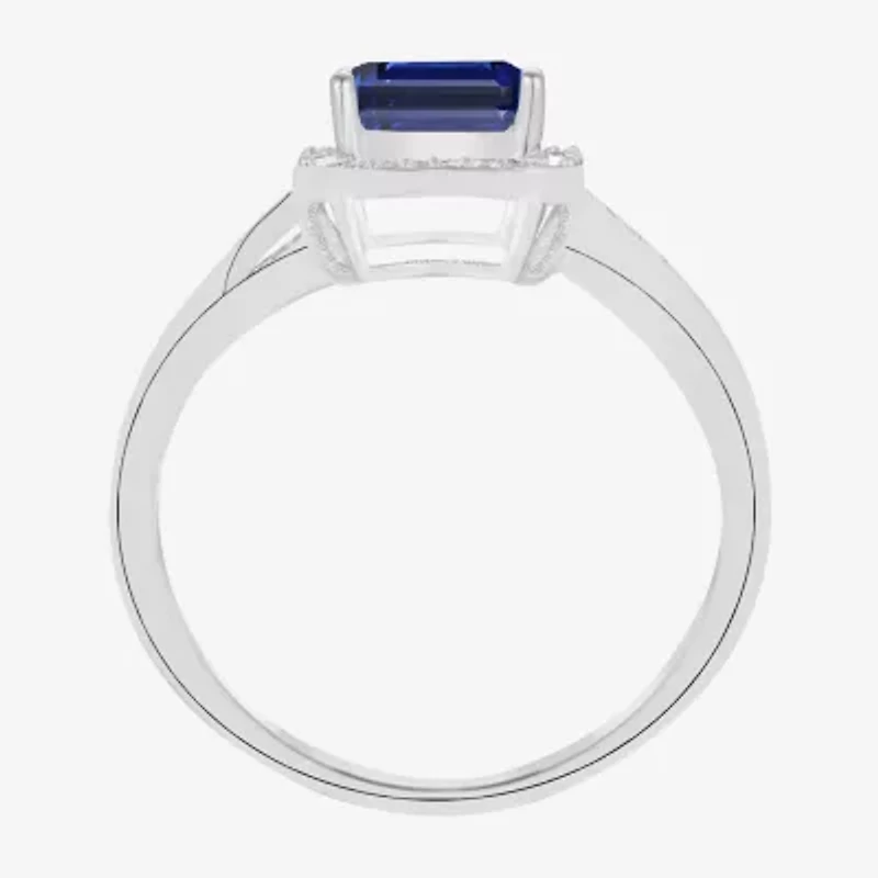 Yes Please! Womens Lab Created Blue Sapphire Sterling Silver Halo Side Stone Cocktail Ring