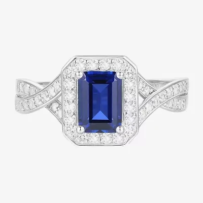 Yes Please! Womens Lab Created Blue Sapphire Sterling Silver Halo Side Stone Cocktail Ring