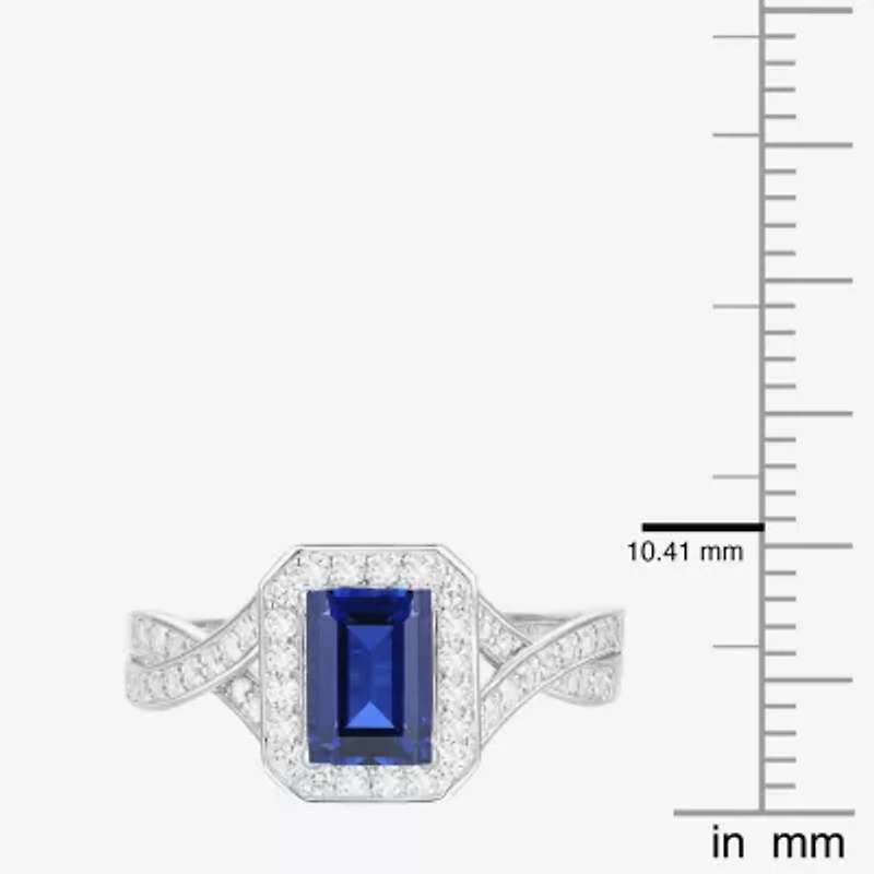 Yes Please! Womens Lab Created Blue Sapphire Sterling Silver Halo Side Stone Cocktail Ring