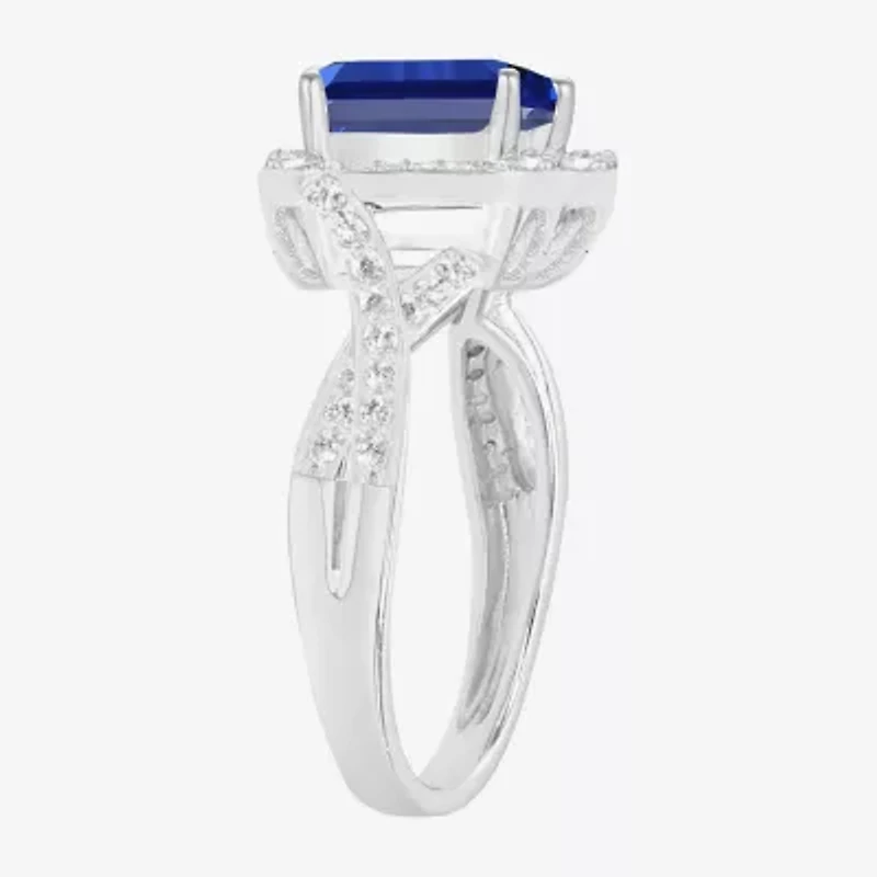 Yes Please! Womens Lab Created Blue Sapphire Sterling Silver Halo Side Stone Cocktail Ring