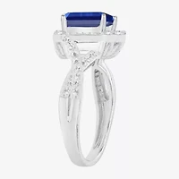 Yes Please! Womens Lab Created Blue Sapphire Sterling Silver Halo Side Stone Cocktail Ring