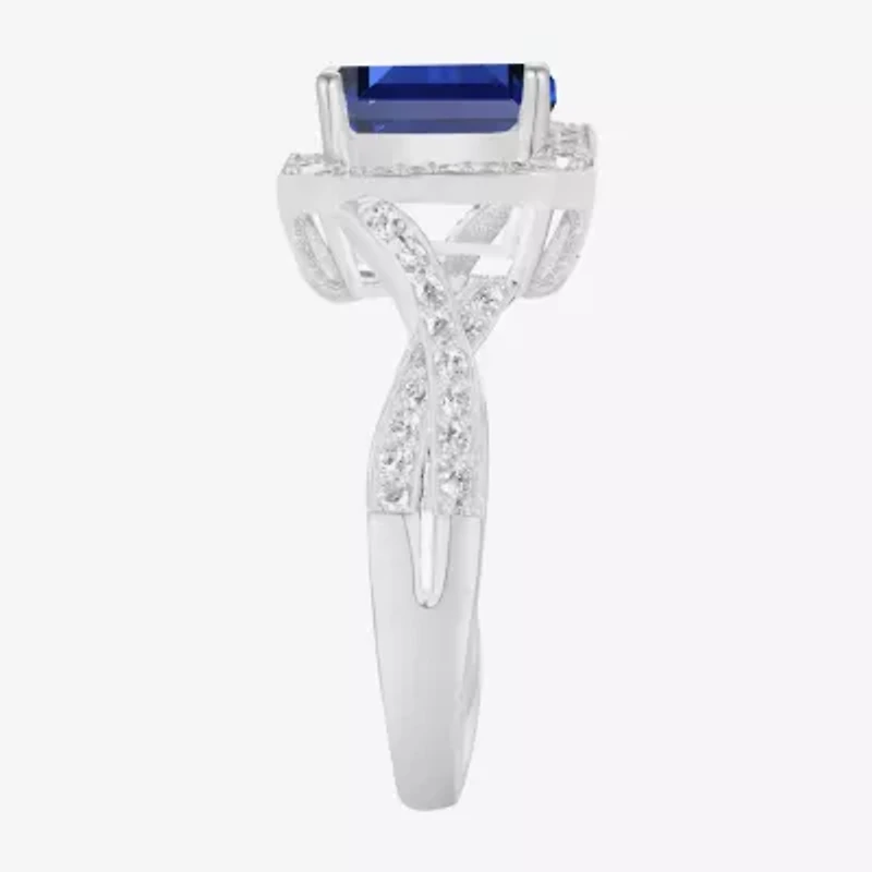 Yes Please! Womens Lab Created Blue Sapphire Sterling Silver Halo Side Stone Cocktail Ring