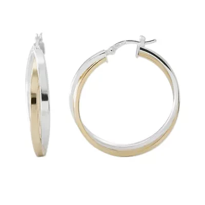 Two-Tone Sterling Silver 31.67mm Crossover Hoop Earrings