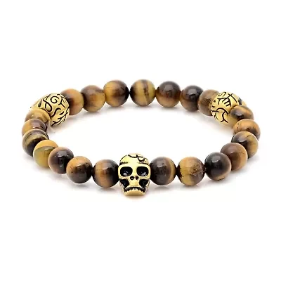 Mens Multi Color Tiger's Eye 18K Gold Stainless Steel Skull Beaded Bracelet