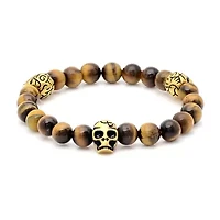Mens Multi Color Tiger's Eye 18K Gold Stainless Steel Skull Beaded Bracelet