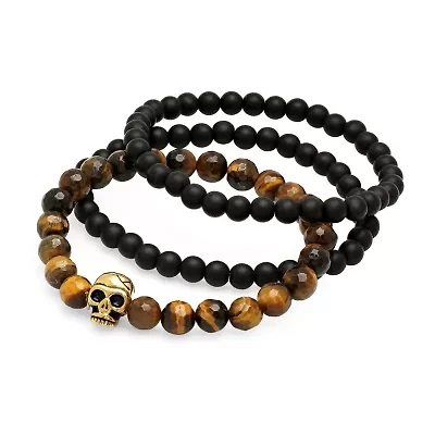 Mens Multi Color Tiger's Eye 18K Gold Stainless Steel Bracelet Set