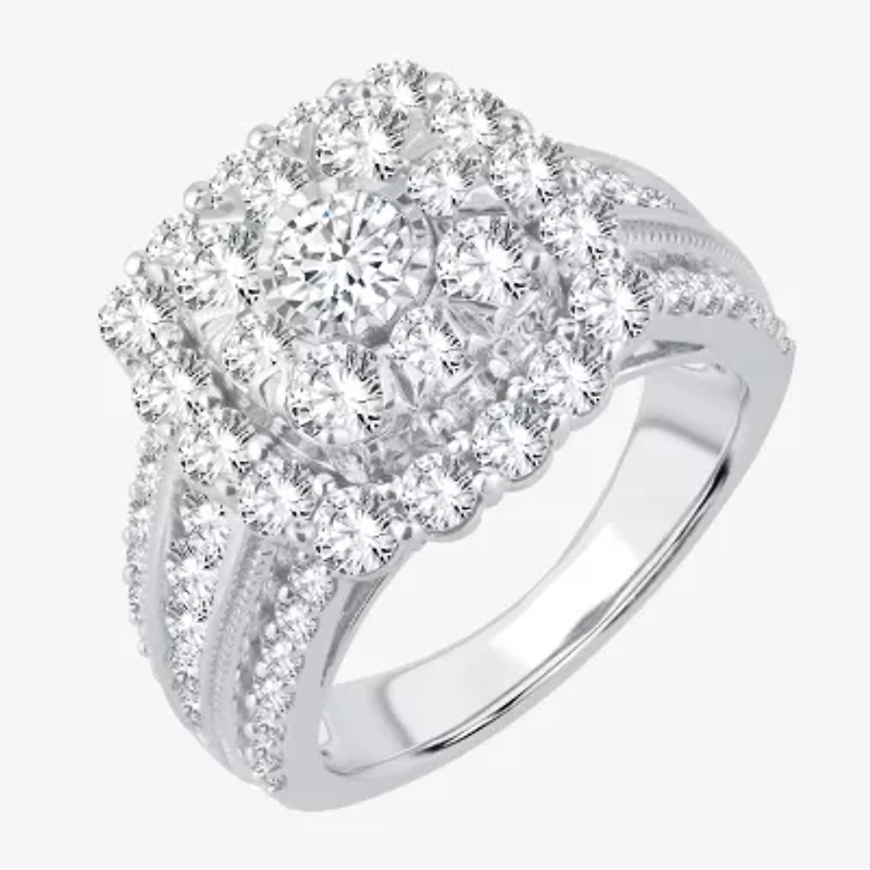 (I / Si1-Si2) Womens 3 CT. T.W. Lab Grown White Diamond 10K Gold Cushion Side Stone Engagement Ring