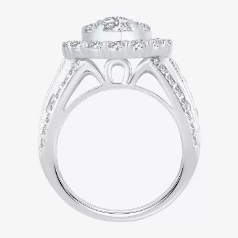 (I / Si1-Si2) Womens 3 CT. T.W. Lab Grown White Diamond 10K Gold Pear Side Stone Halo Engagement Ring