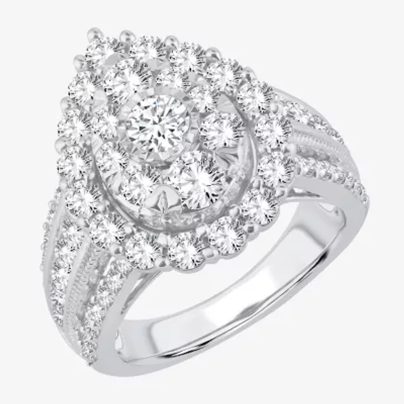 (I / Si1-Si2) Womens 3 CT. T.W. Lab Grown White Diamond 10K Gold Pear Side Stone Halo Engagement Ring