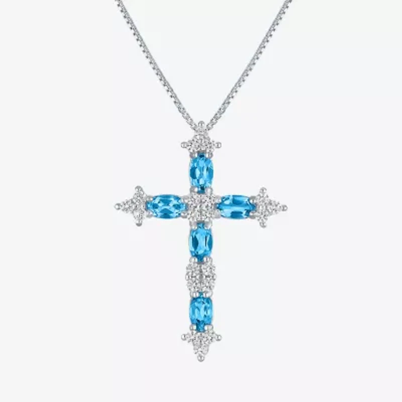 Womens Lab Created Blue Topaz Sterling Silver Cross 18 Inch Pendant Necklace