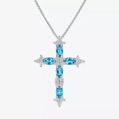 Womens Lab Created Blue Topaz Sterling Silver Cross 18 Inch Pendant Necklace