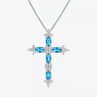 Womens Lab Created Blue Topaz Sterling Silver Cross 18 Inch Pendant Necklace